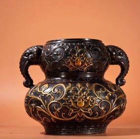 A Exquisite Red Copper Relief Lotus Pattern Gilt Elephant-Ear Censer