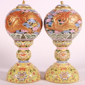 A pair of Exquisite Enamel Yellow Ground Lotus Fish Pattern Hatstand