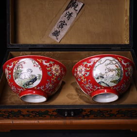 A pair of Rare Enamel Bowls with Interlocking Lotus and Sheep Pattern