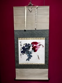 A Chinese Vertical Scroll Ink Painting of Grass and Insect on Paper