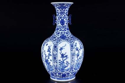 A Exquisite Blue and White Flower and Bird Pattern Double-Ears Vase