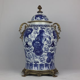 A Exquisite Blue and White Inlaid Copper Auspicious Beast Pattern Double Ear General Jar