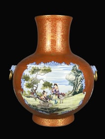 Enamel Iron-Red Painted Gold Lotus Pattern Figures Pattern Double-Ears Vase