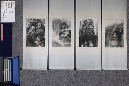 A Set of Chinese Vertical Scroll China Ink Painting of Landscape on Paper