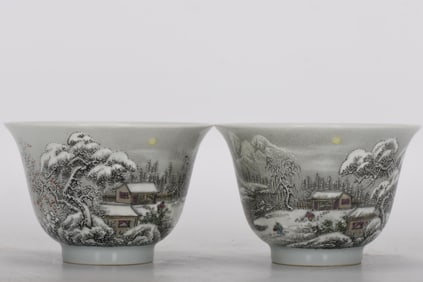 A pair of Famille-Rose Snowscape Landscape and Poem Cup