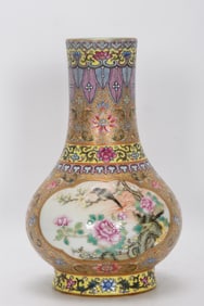 Enamel Painted Gold Flower and Bird Pattern Vase