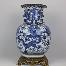 A Exquisite Blue and White Inlaid Copper Dragon Pattern Double Ear Vase