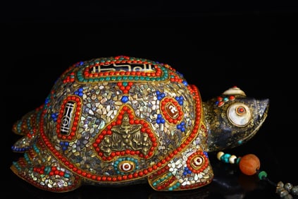 A Exquisite Meteorite Cloisonne Inlaid Gems Dzi bead Tortoise Ornament