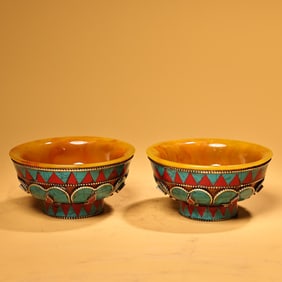 A pair of Rare Gilt Silver Amber Bowls with Inlaid Gems