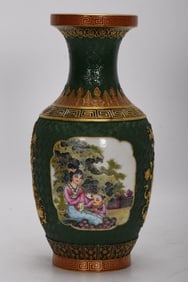 Enamel Green Ground Carved Character and Story Pattern Vase