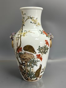 A Exquisite Famille-Rose Flower and Bird Pattern Lion-Ears Vase