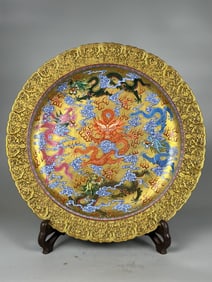Enamel Carved Painted Gold Dragon Pattern Plate