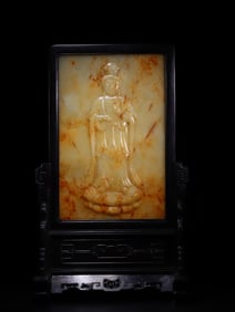 A Rare Hetian Jade Guanyin-patterned Table Screen