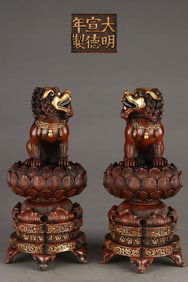 A pair of Gilt Red Copper Lotus Petal Pattern Auspicious Beast Censer
