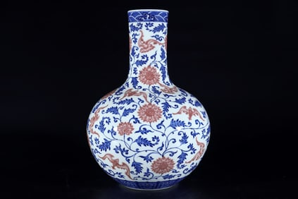 A Exquisite Blue and White Underglaze-Red Lotus and Bat Pattern Vase