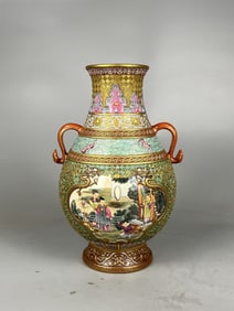 Enamel Carved Painted Gold Figures Pattern Double-Ears Vase