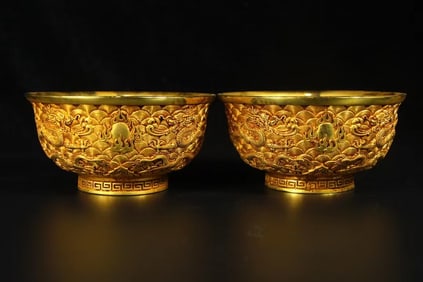A pair of Rare Gilt Bronze Carved "Two Dragons Playing with a Pearl" Bowls