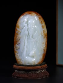 A Rare Hetian Jade Carved Figure-patterned Raw Stone Ornament