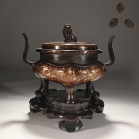 Bronze Body Sprinkled Gold Double-Ears Tripod Censer