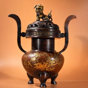 A Exquisite Red Copper Carved Pattern Gilt Double-Ear Incense Burner