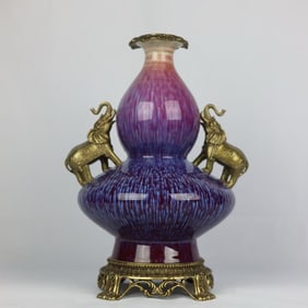 A Exquisite Kiln Transformation Glazed Inlaid Copper Elephant Ear Gourd Vase