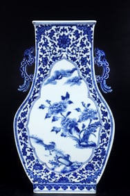 A Exquisite Blue and White Flower and Bird Pattern Double-Ears Vase