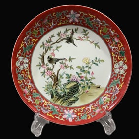 A Exquisite Enamel Red Ground Open-Window Flower and Bird Plate