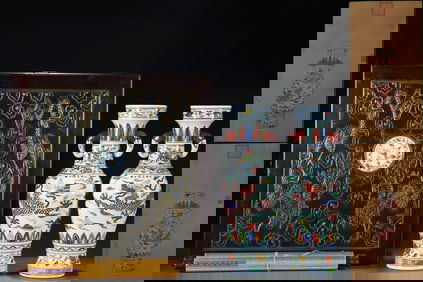 A Exquisite Blue and White Wucai Dragon Pattern Elephant-Eared Vase, with Calligraphy and Painting