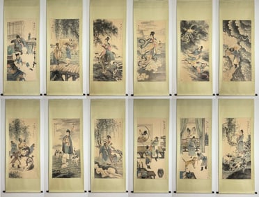A Set of Chinese Vertical Scroll Ink Paintings of Figures on Paper