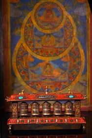 A Exquisite Bronze Inlaid Gems Dzi bead Ornament,With Inscription