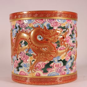 A Exquisite Enamel Carved Painted Gold Dragon Pattern Brush Pot