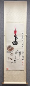 A Chinese Vertical Scroll Ink Painting of Utensils on Paper