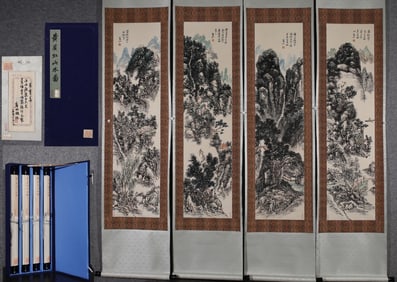 A Set of Chinese Vertical Scroll China Ink Painting of Landscape on Paper