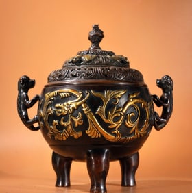 A Exquisite Red Copper Relief Gilt Beast-Ear Censer