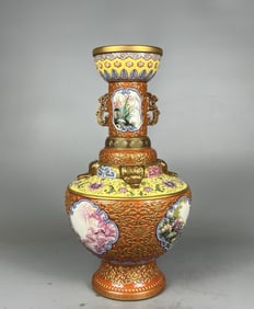 Enamel Carved Painted Gold Flower and Bird Double-Ears Vase
