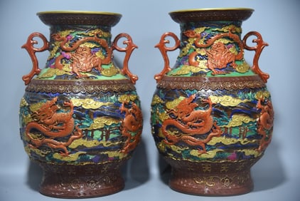 A Exquisite Iron-Red Carved Dragon Pattern Double-Ears Vase