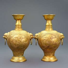 A pair of Rare Gilt Bronze Relief Phoenix Pattern Flower Vase