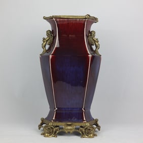 A Exquisite Kiln Transformation Glazed Inlaid Copper Figure Ear Vase