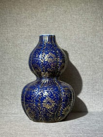A Exquisite Blue Ground Painted Gold Gourd-Shaped Vase