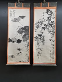 A Pair of Chinese Vertical Scroll Ink Paintings of Flowers on Paper