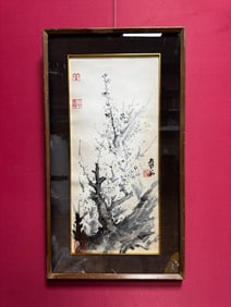 A Chinese Vertical Scroll Ink Painting of Flowers on Paper