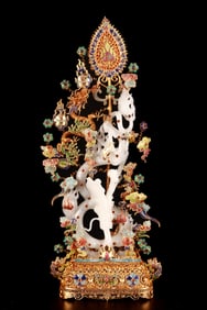 A Exquisite Gilt Bronze Filigree Hotan Jade Dragon Ornament