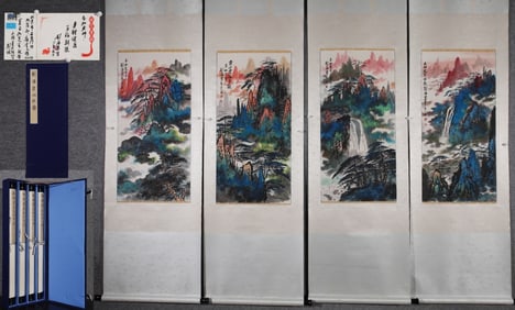A Set of Chinese Vertical Scroll China Ink Painting of Landscape on Paper