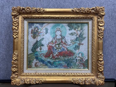 A Chinese Ink Painting of Guanyin on Paper with a Frame