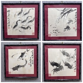 A Set of Chinese ink and Wash Paintings of Fish and Shrimp on Paper With Frames