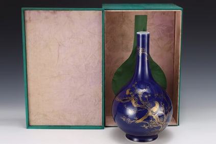 Blue Glazed Gilt Flower Bird Pattern Vase