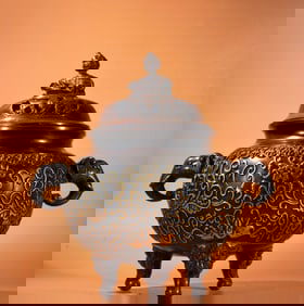 A Exquisite Red Copper Relief Lotus Pattern Gilt Elephant-Ear Censer