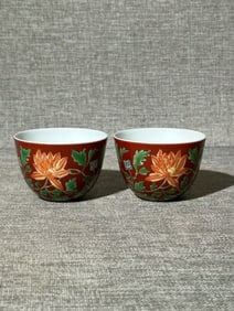 A pair of Exquisite Enamel Ruby Red-Glazed Flower Pattern Cups