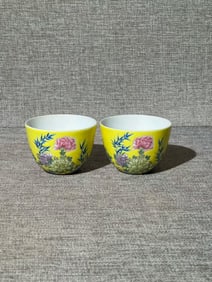 A pair of Exquisite Enamel Flower Peony Pattern Cups