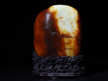 A Rare Hetian Jade Raw Stone with Redwood Base